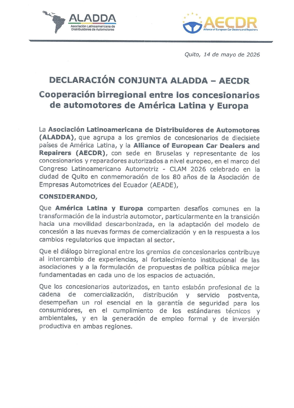 Portada declaracion conjunta Aladda y AECDR