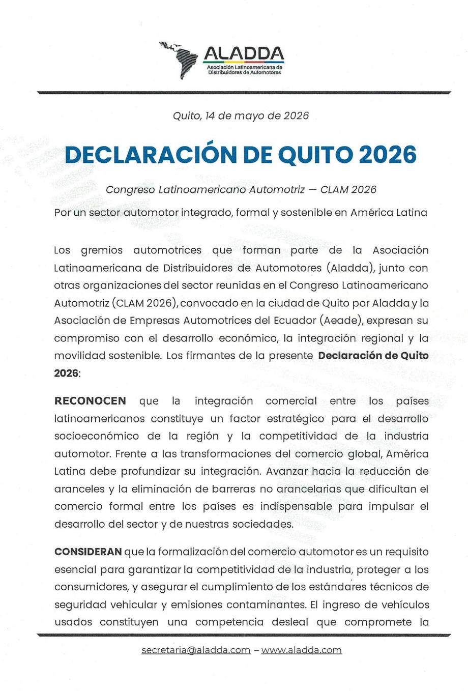Portada declaracion de quito 2026 Aladda